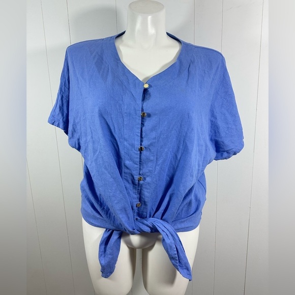 Anne Klein Tops - Anne Klein Sz L Women’s Linen Blend Short Sleeve Front Tie Blue Top Boho Resort